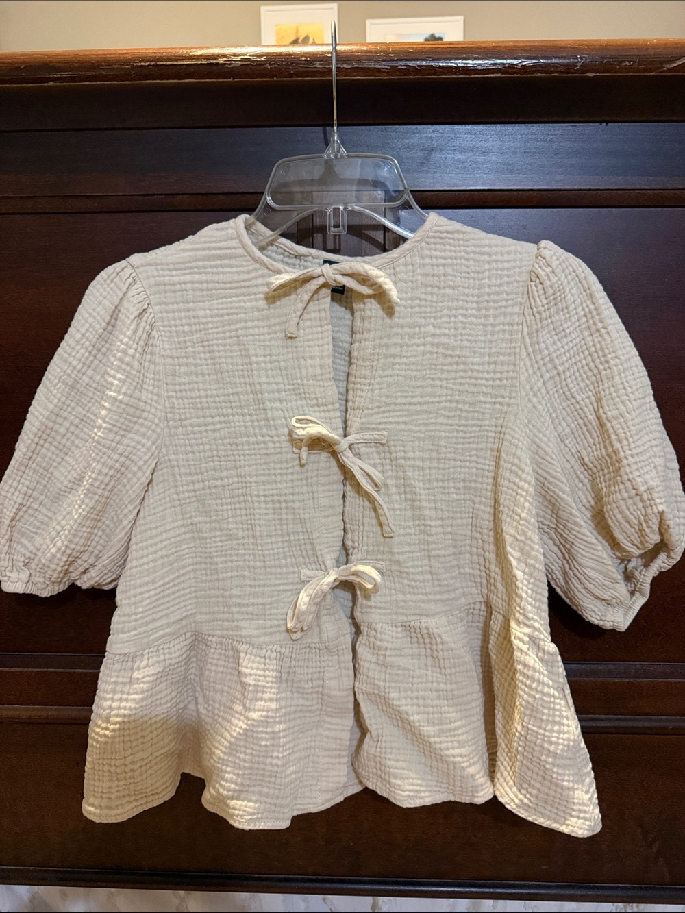 SHEIN Cream Tie-Front Peplum Blouse with Puff Sleeves